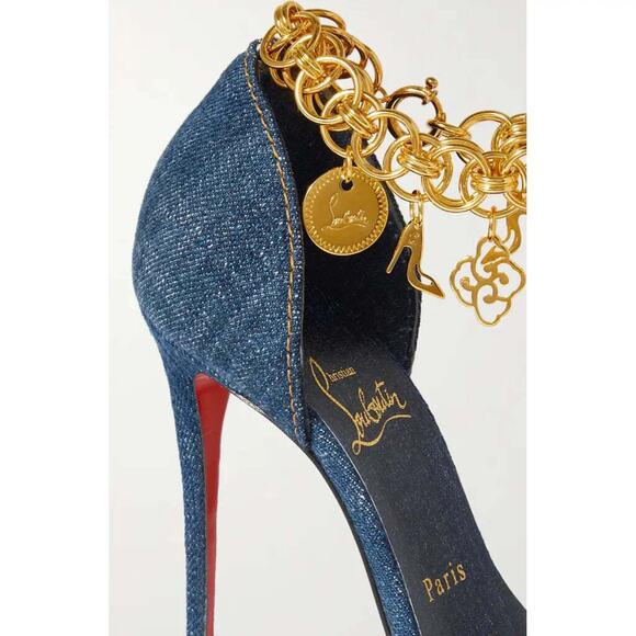 Christian Louboutin Gourmi Sandal 100 Denim Gold Charm Ankle Strap Heel Pump 38 - Picture 5 of 12